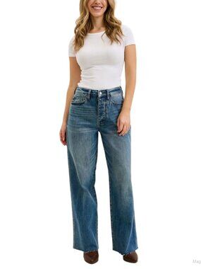 High Waist Baggy Wide Leg Rigid Denim Jeans Raw Hem Relaxed Fit